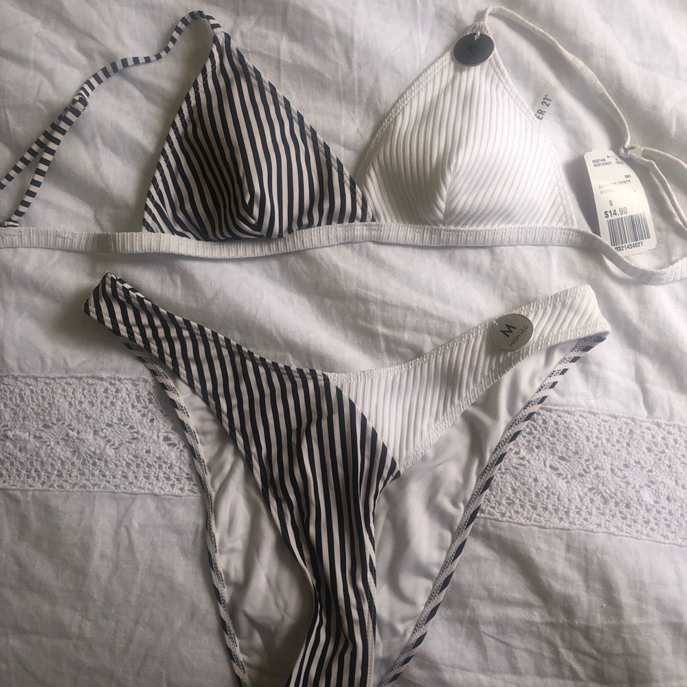 Forever21 Black and White Striped Bikini Set